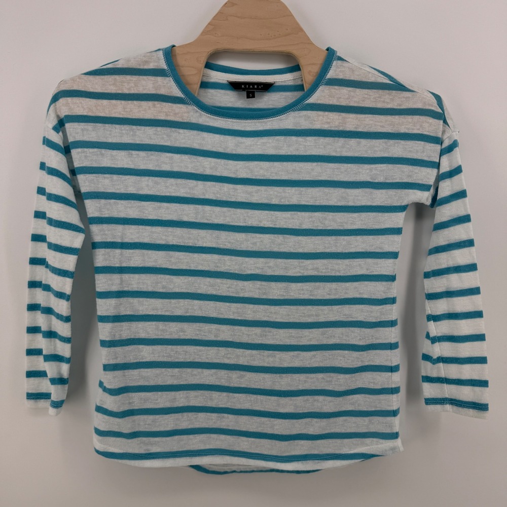 Kiara Women's Top Size S Teal Gray Striped 3/4 Sleeve Crew Neck Casual Shirt